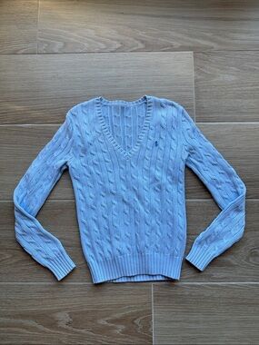 Ralph Lauren baby blue Cable Knit Sweater 100% Cotton v neck long sleeve